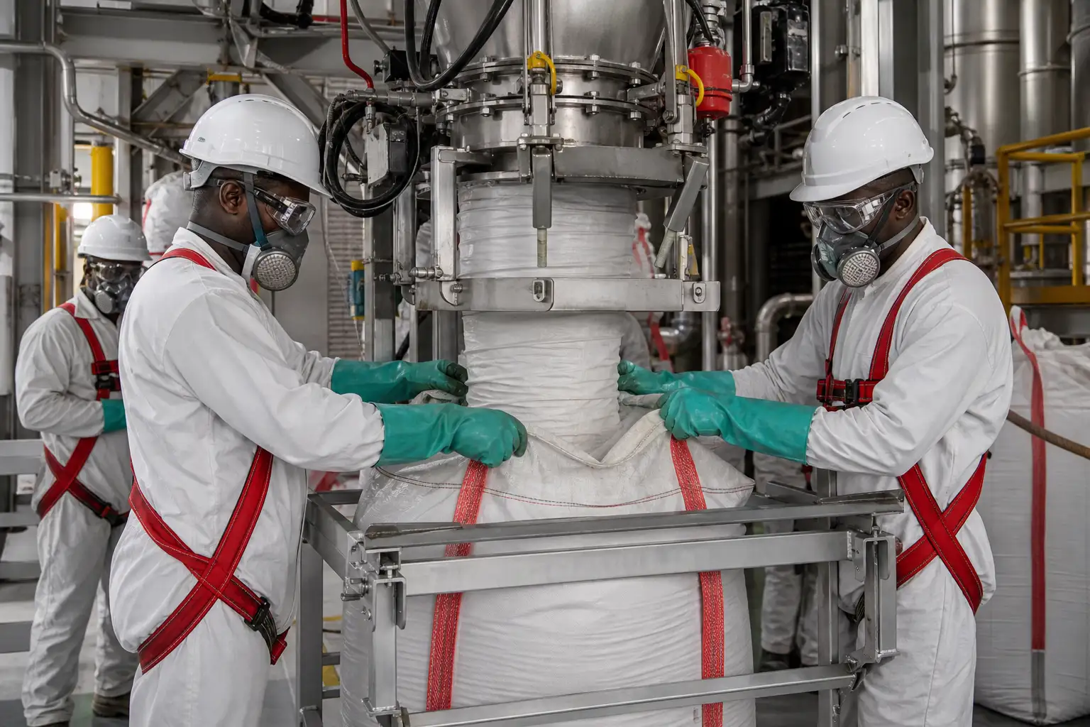 Technicians performing a controlled catalyst rebagging operation