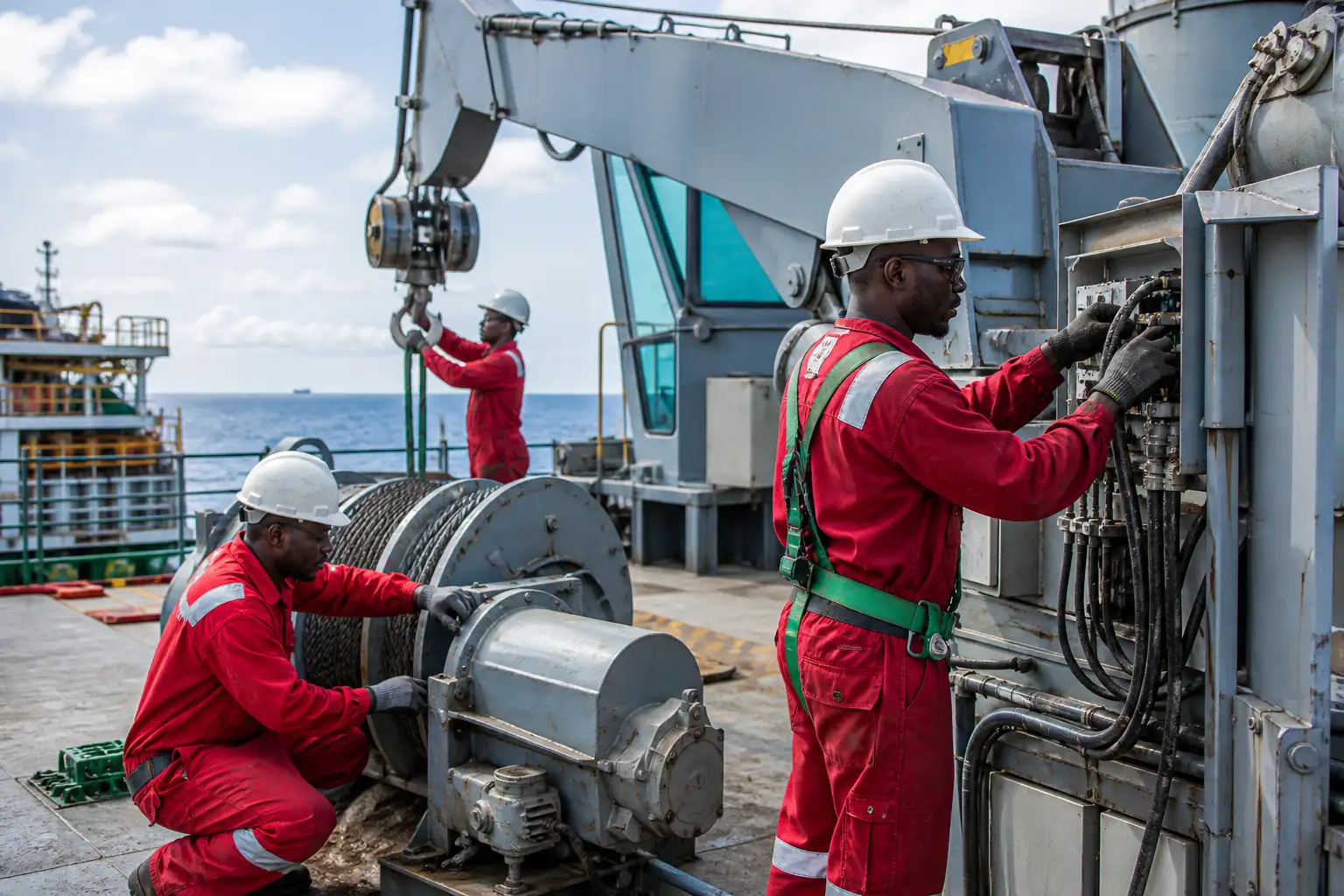 Bekool engineers maintaining marine deck crane equipment