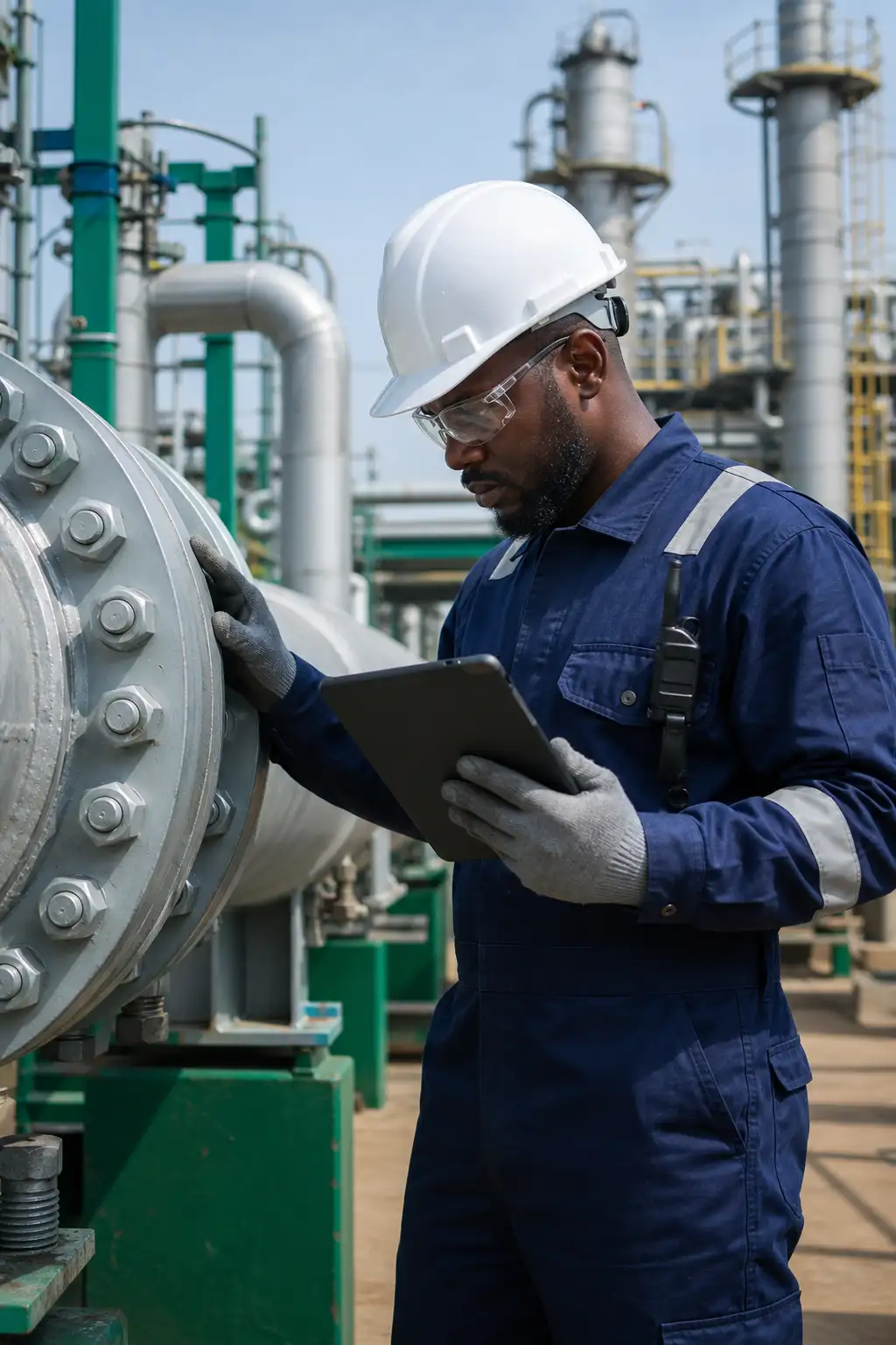 Bekool engineer inspecting a pipeline flange