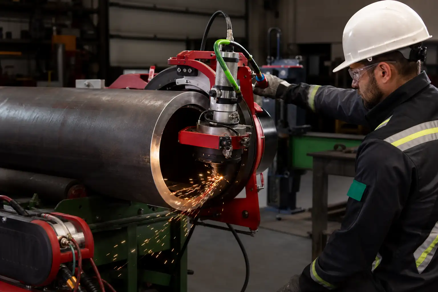 Pipe cutting and beveling equipment in operation